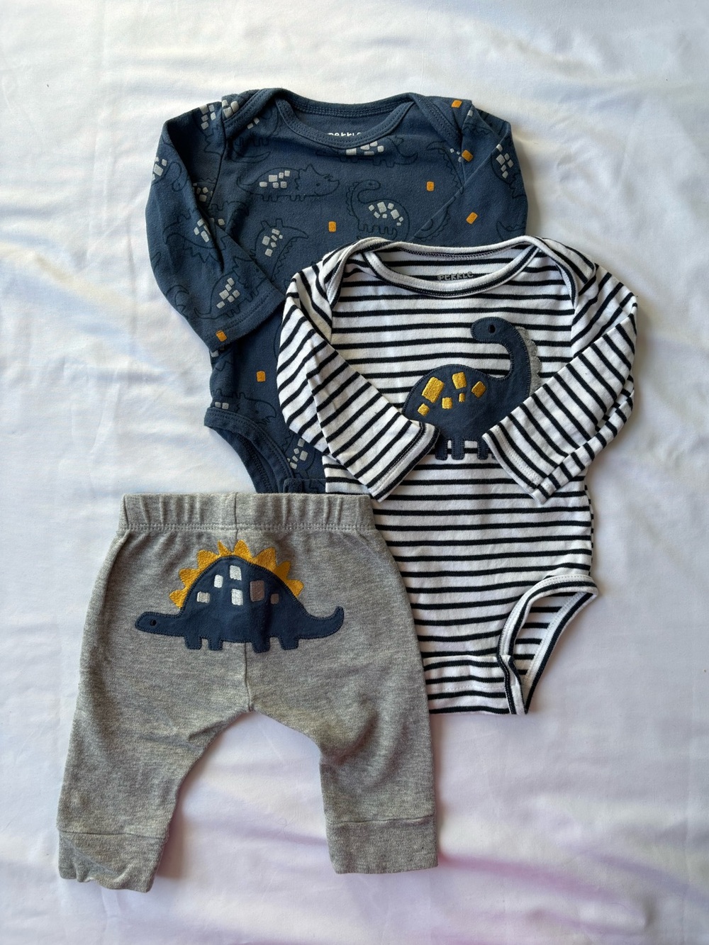 🚙 Baby boy Pekkle Striped & Dino Navy Baby Bodysuit Set - 3-Piece outfit